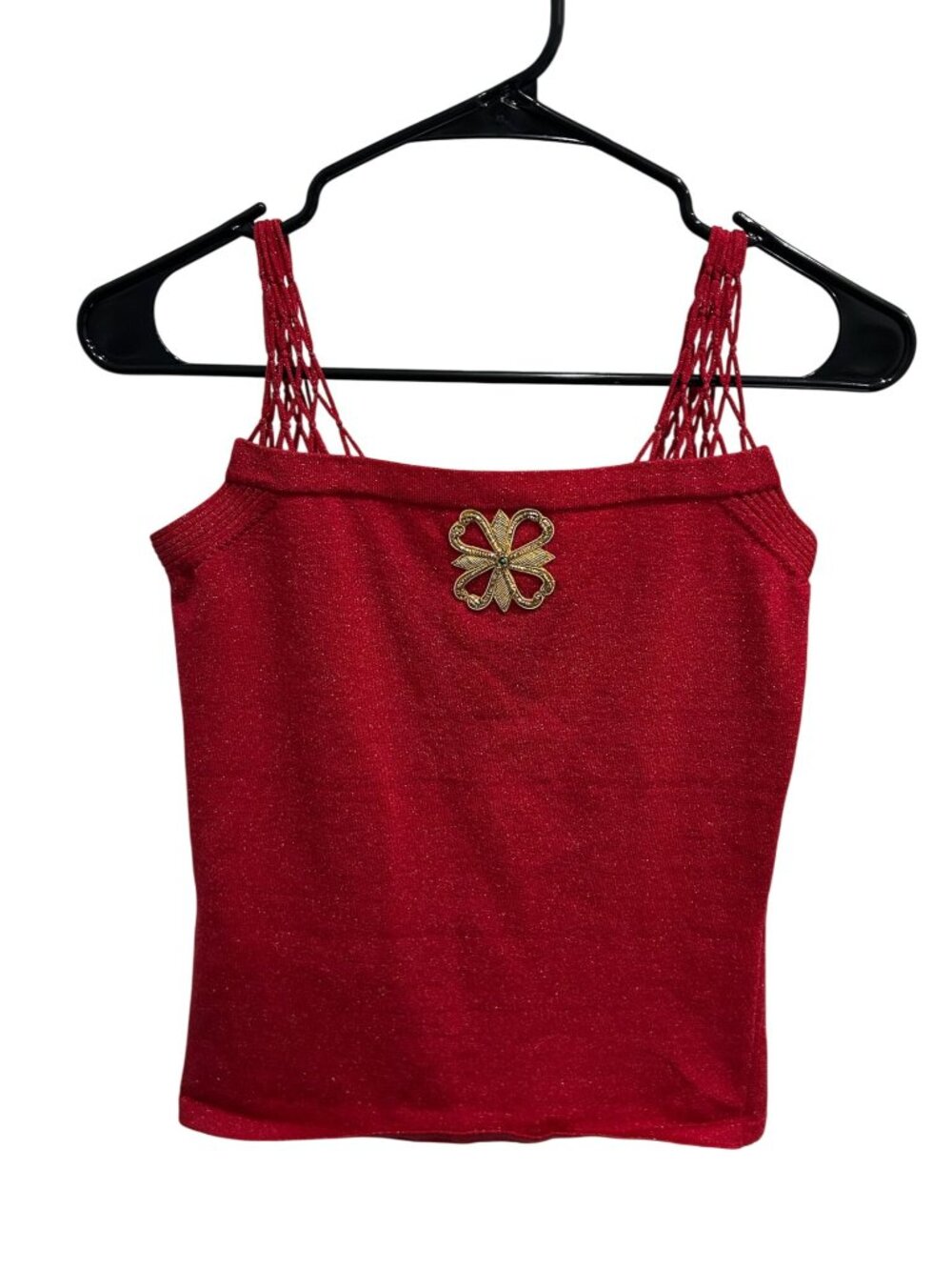WR 9000 Red Metallic Silk Blend Crochet Strap Tank Top Size S Gold Floral Brooch